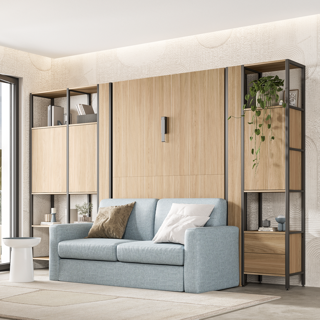 Letto a scomparsa verticale Aria Memì con divano Combo integrato e libreria Frame laterale con moduli contenitori